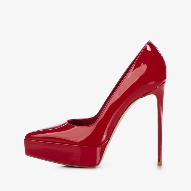 Red patent leather pointed-toe pumps with high stiletto heel, glossy platform base