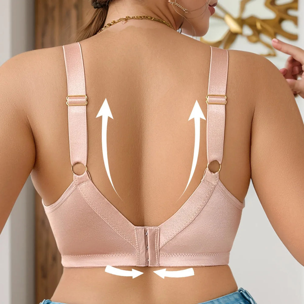 Apricot beige wireless lace bra back view with adjustable shoulder straps