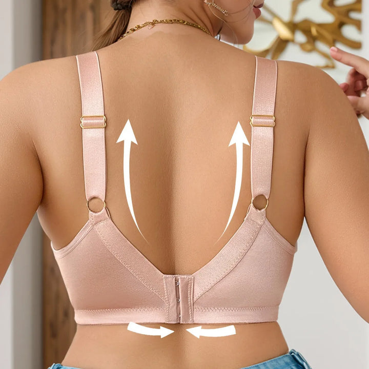 Apricot beige wireless lace bra back view with adjustable shoulder straps