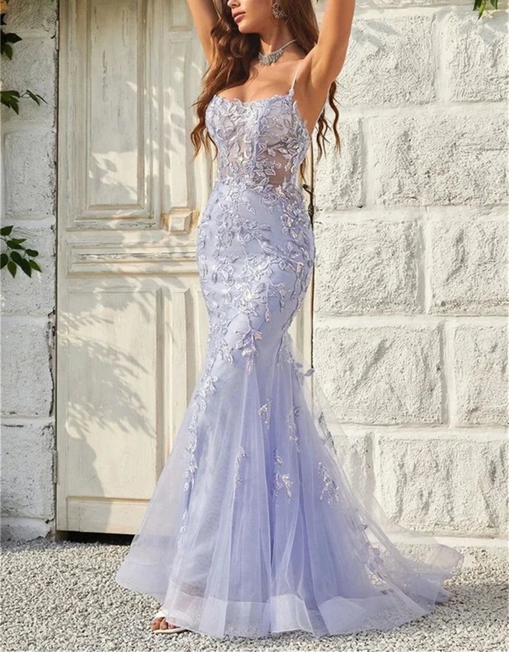 Lavender embroidered tulle formal gown with scalloped floral details and flowing hem