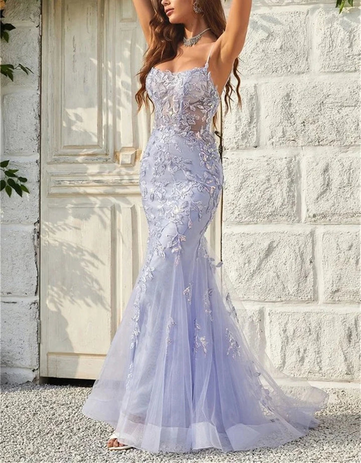 Lavender embroidered tulle formal gown with scalloped floral details and flowing hem