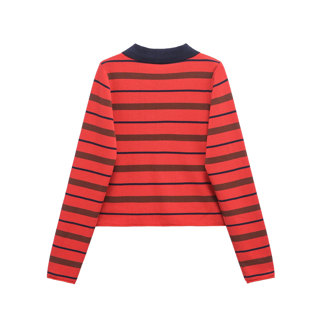 Orange-red striped polo sweater, back view, ribbed hem and long sleeves