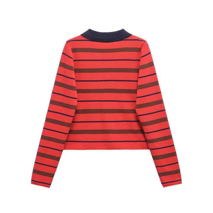 Orange-red striped polo sweater, back view, ribbed hem and long sleeves