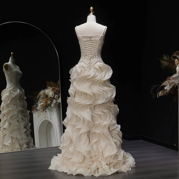 Luxury Ruffled Beaded Pearl Evening Dress