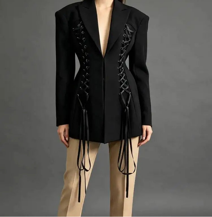 Black women’s lapel formal blazer with decorative front lace-up and fringe tie details