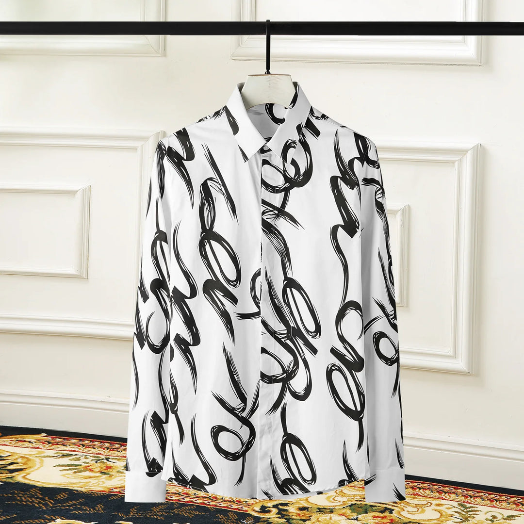 Men's white button-up cotton shirt with bold black abstract print, full front view