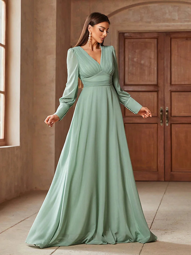 lantern sleeve formal dress Women Elegant Pleated Lantern Sleeve Round Neck Maxi Dress Fashion Long Sleeve Party Evening Dress fg5902