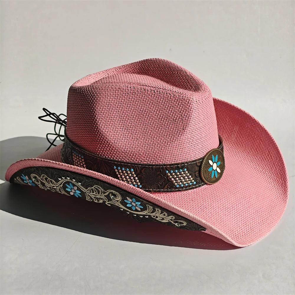 Embroidered straw cowboy sun hat, pink, dark band with floral patch and stitched trim