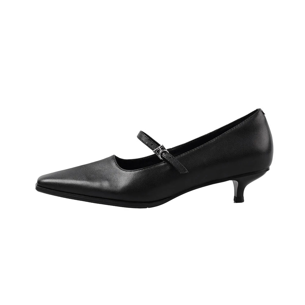 Women’s black kitten heel pumps with ankle strap and buckle closure