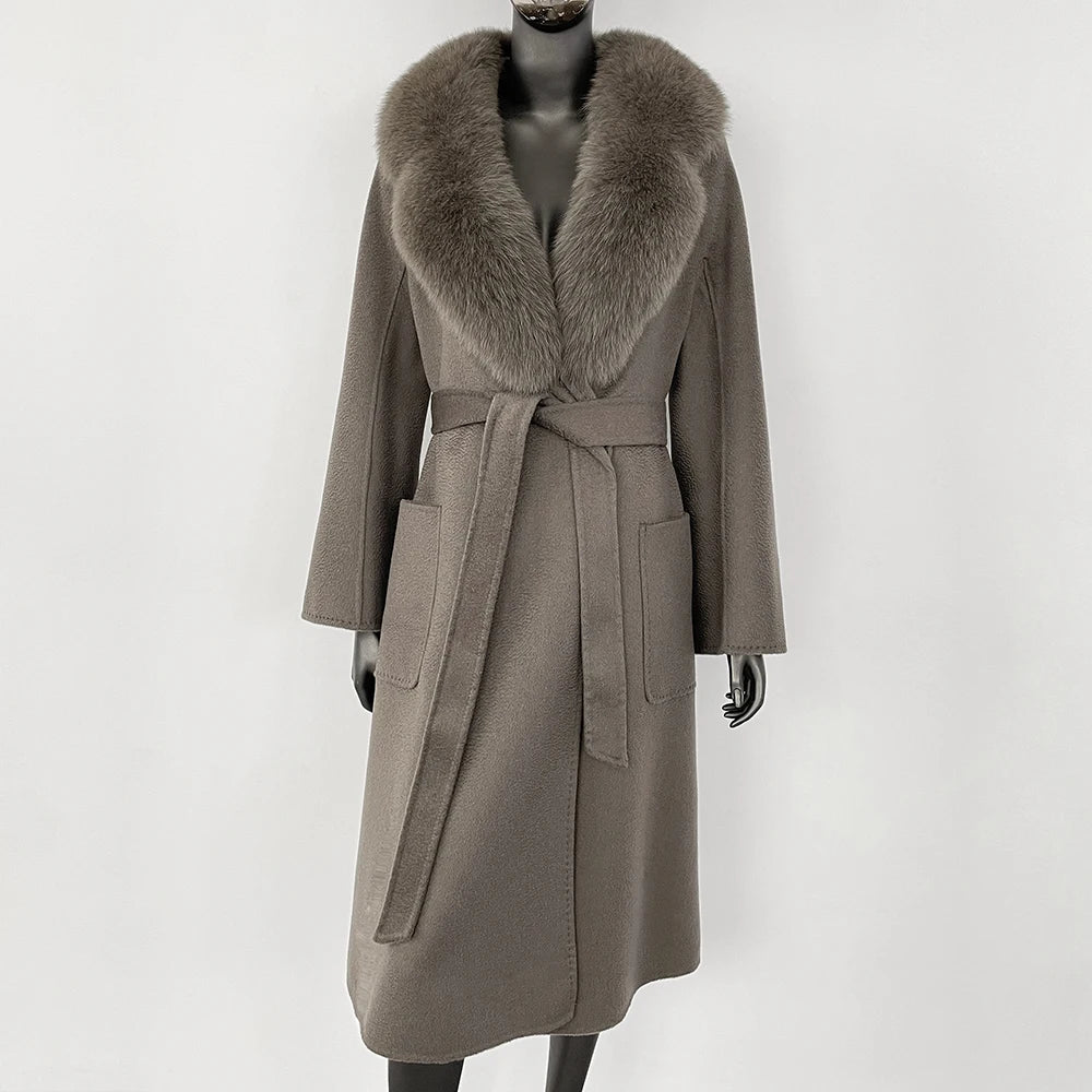 Elegant Natural Wool Fur Long Coat