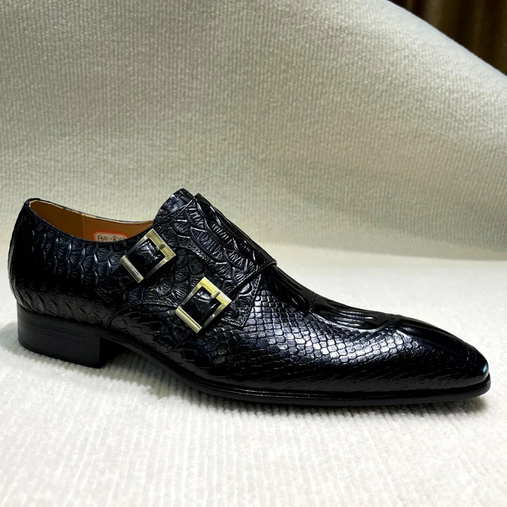 Black snake-print leather oxford dress shoes with double buckle strap
