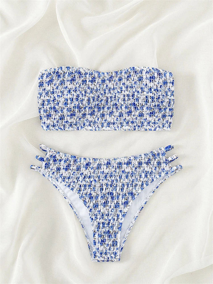 Blue floral patterned bandeau bikini set with high-waist briefs
