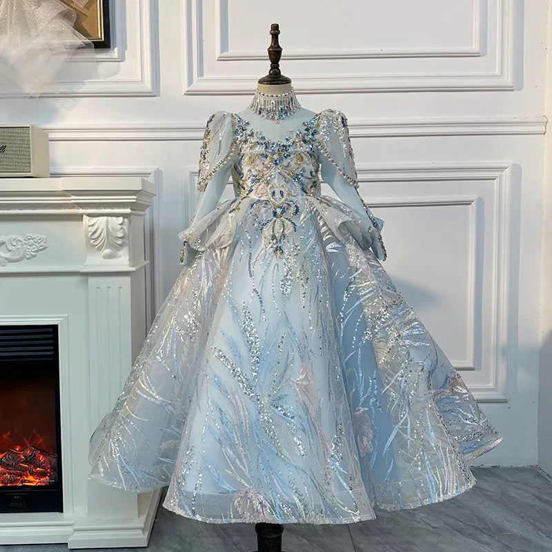 Light blue sequin ball gown for girls with embroidered tulle skirt and long sleeves