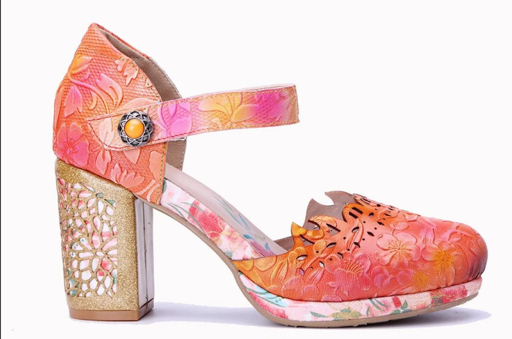 Leather ankle-strap sandal with chunky block heel, orange/pink floral upper, side angle