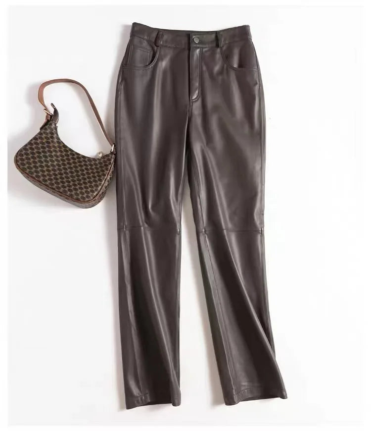 Dark grey leather straight-leg pants with front zipper and two front pockets