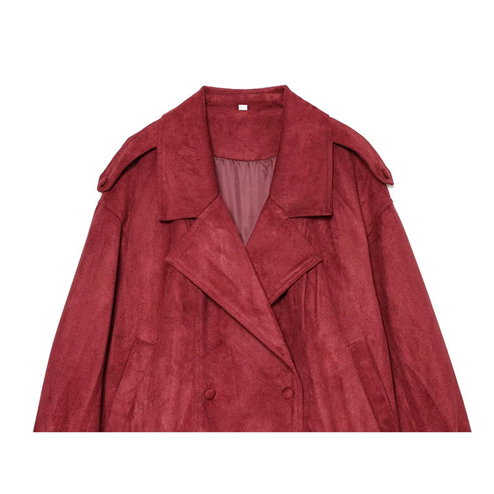 Red faux suede biker jacket front view with structured lapels and shoulder tabs