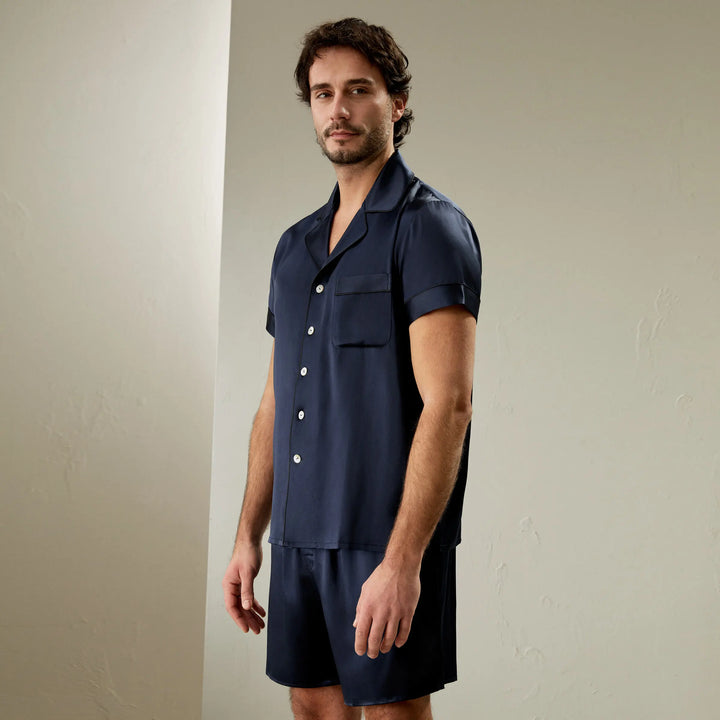 Contrast Trim Short Silk Pajama Set