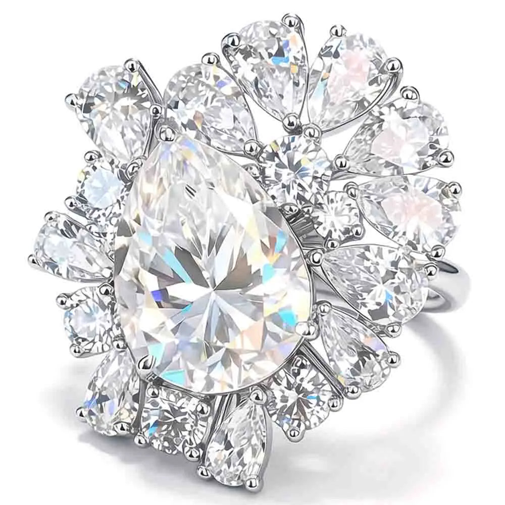 Moissanite diamond women's ring with oval center stone, round halo, and prong-set details, silver-tone.