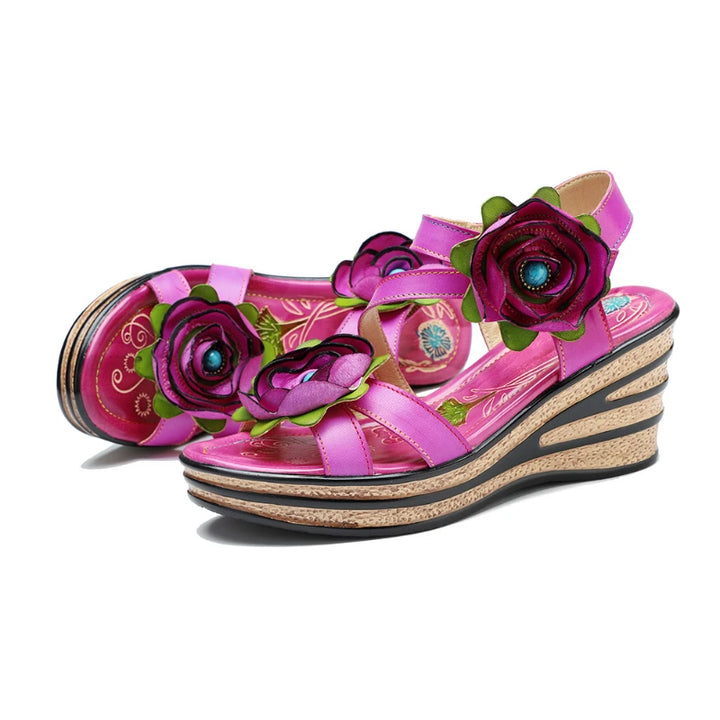 Rosy red floral leather slide sandals with rose appliques and wedge platform sole