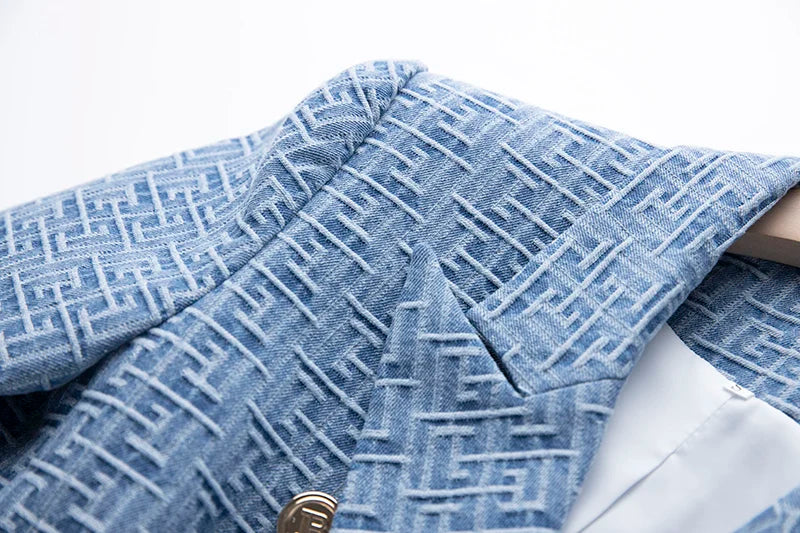 Geometric Pattern Denim Blazer