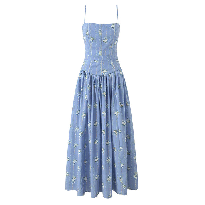 Blue daisy-print midi sundress with thin spaghetti straps and fitted bodice