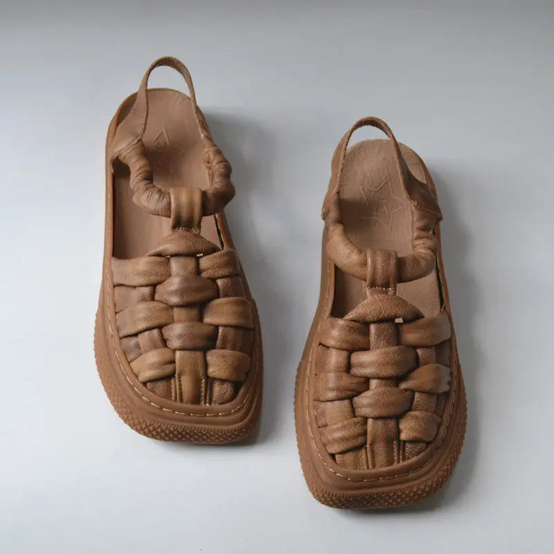Coffee brown woven leather casual shoes, crisscross upper, moccasin stitching
