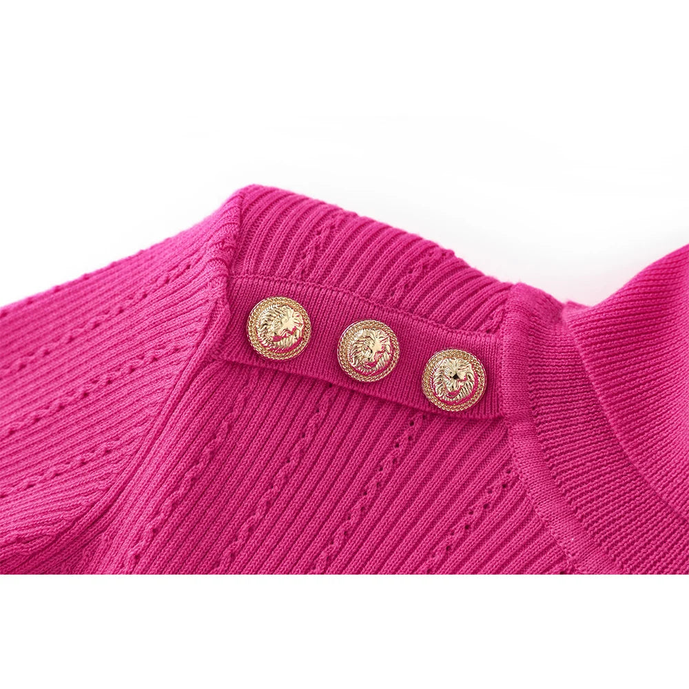 Fuchsia knit sweater with shoulder buttons and textured ribbed pattern