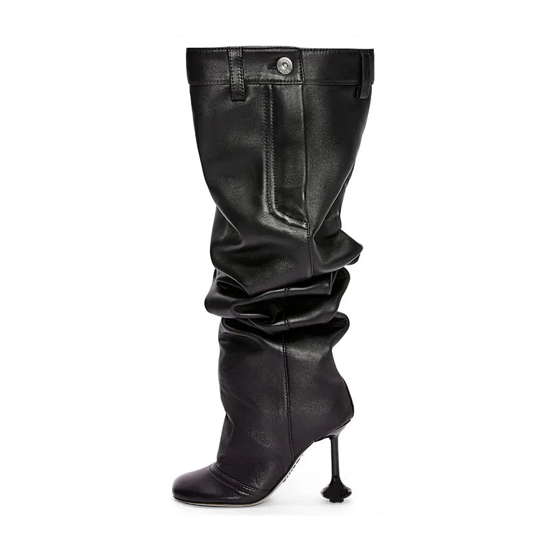 Black thigh-high boots with ruched front, round toe, and stiletto heel