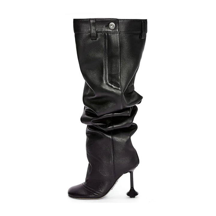 Black thigh-high boots with ruched front, round toe, and stiletto heel