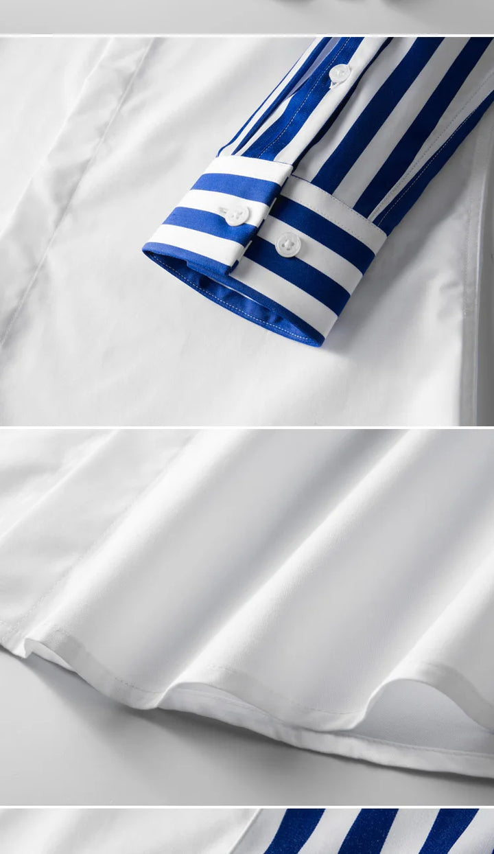 Striped dress shirt cuff with blue-and-white stripes and buttoned placket