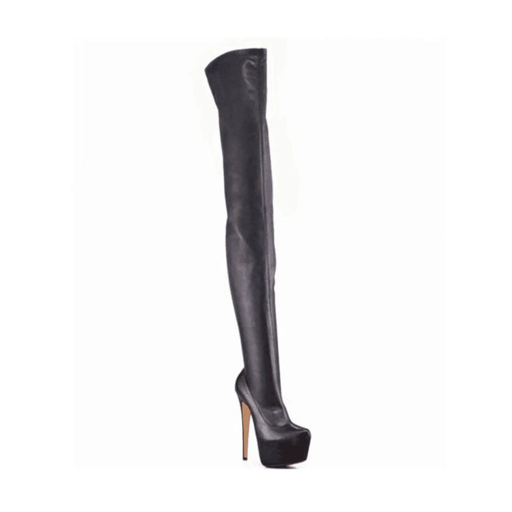 Black thigh-high pull-on boots with stiletto heel and narrow pointed toe