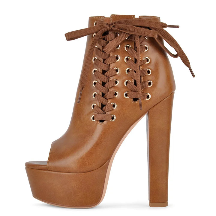 Brown peep-toe lace-up platform heels with high block heel and stacked sole