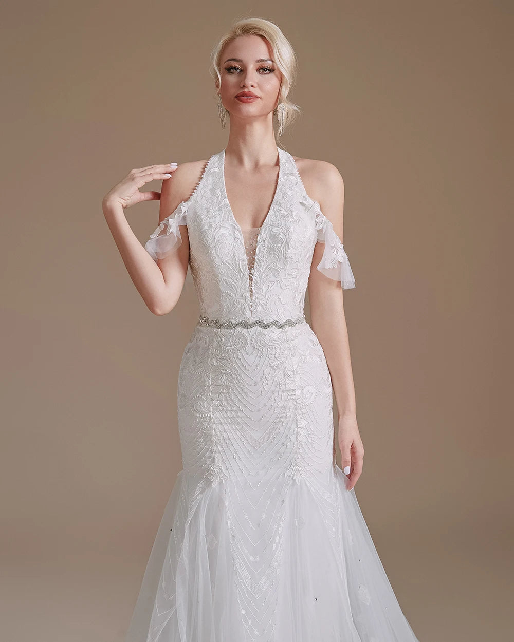 Off-Shoulder Pearls Crystal Belt Wedding Dress