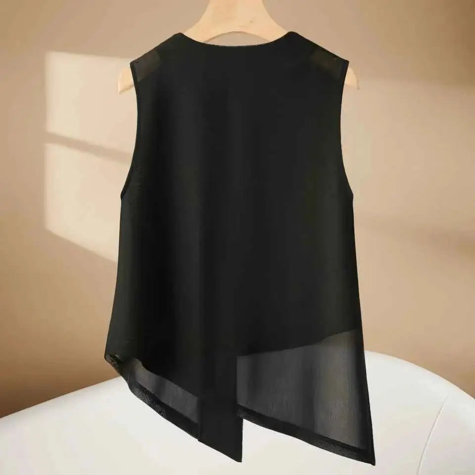 Women's black sleeveless mesh vest with asymmetric high-low hem