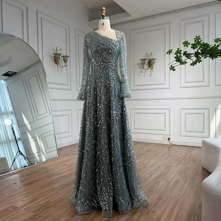 Gorgeous Beaded Puffy Sleeve Arabic Evening Gown
