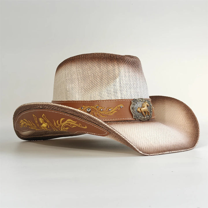 Beige woven cowboy sun hat with brown leather band, floral embroidery, and gold emblem