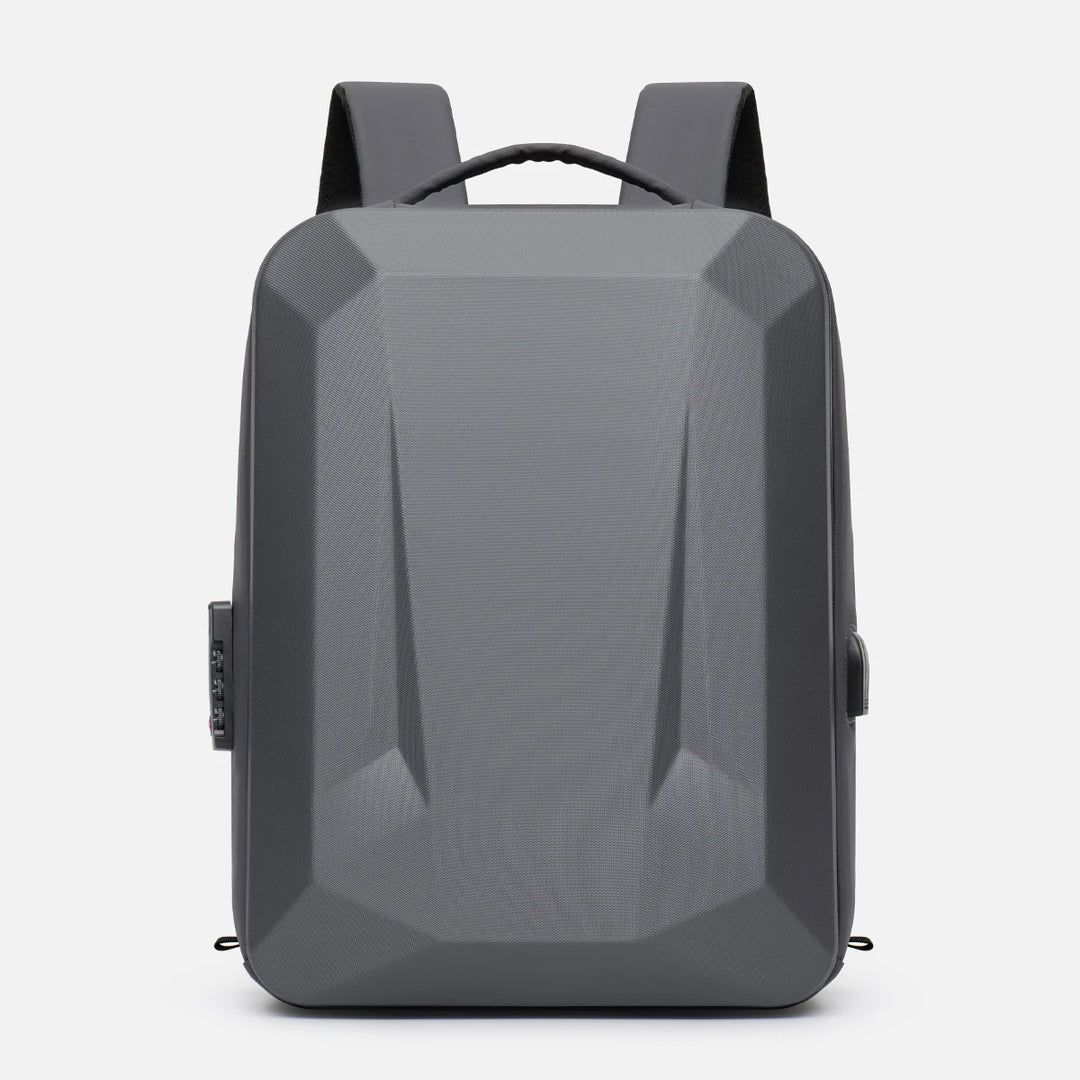 Hard shell expandable bag backpack, front view in light gray with molded facet panels