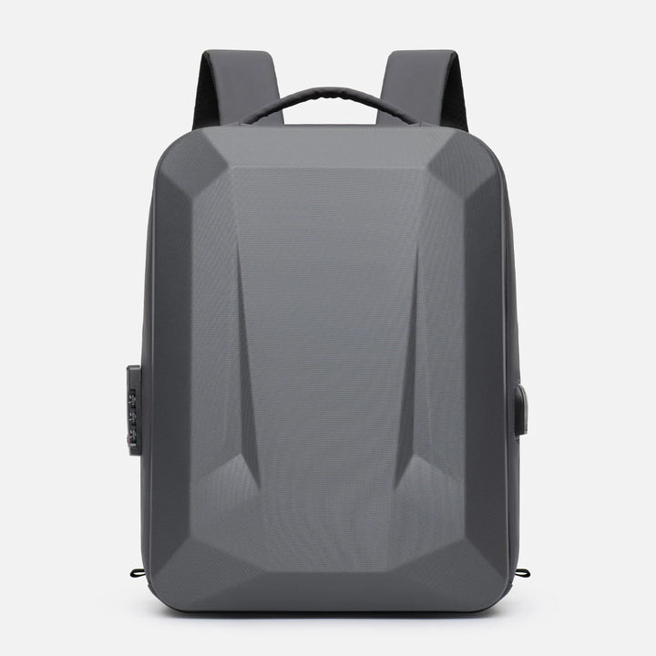 Hard shell expandable bag backpack, front view in light gray with molded facet panels