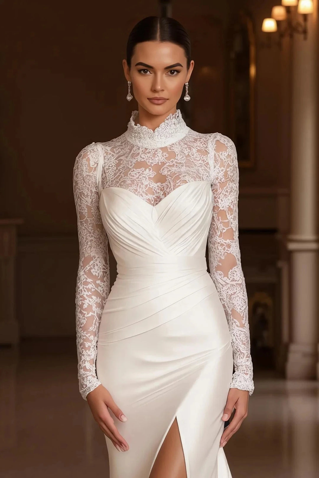 Attractive Split High Neck Bridal Gown