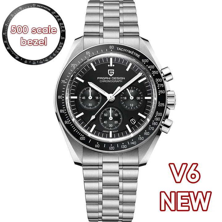 Silver watch with black dial on a white background, featuring 'V6 NEW' text.