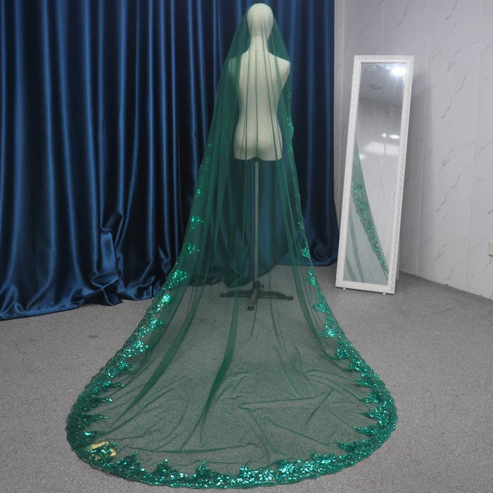Green cathedral bridal veil with matching sequin lace border and sheer tulle layers