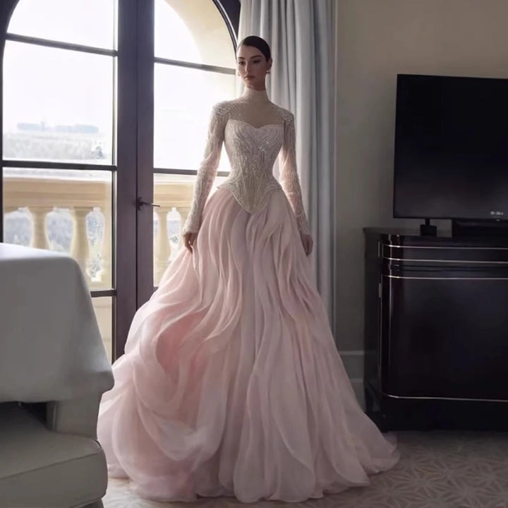 Modest High Neck Beaded Evening Gown