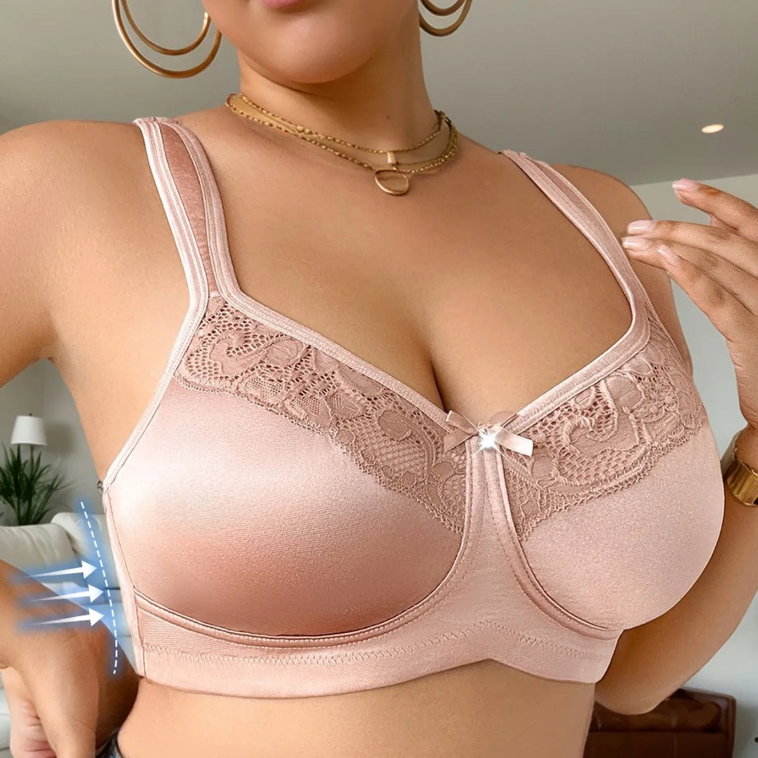 Apricot beige wireless lace bra showing side straps and smooth full-coverage cups