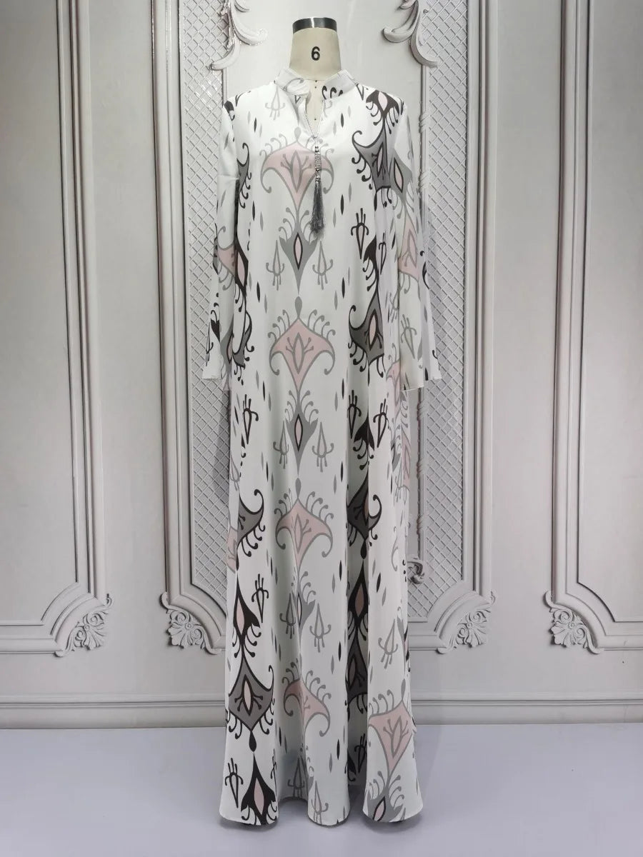 Elegant Printed Tassel Abaya Dress