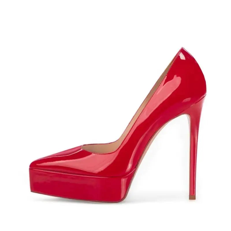 Red patent leather pointed-toe pumps with high stiletto heel