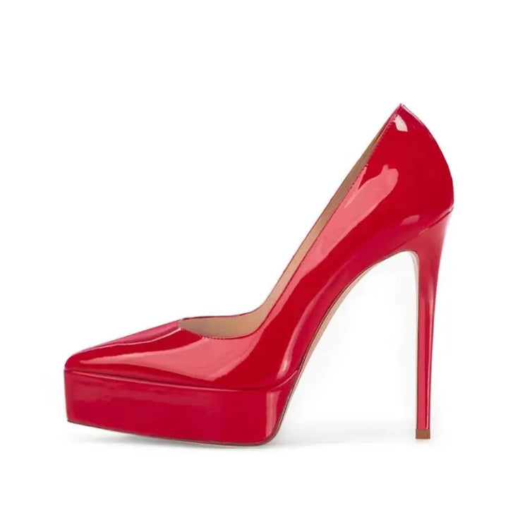 Red patent leather pointed-toe pumps with high stiletto heel