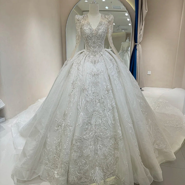 Superbe robe de mariée personnalisée à paillettes, manches longues, dos nu, vente en gros, DW0085
