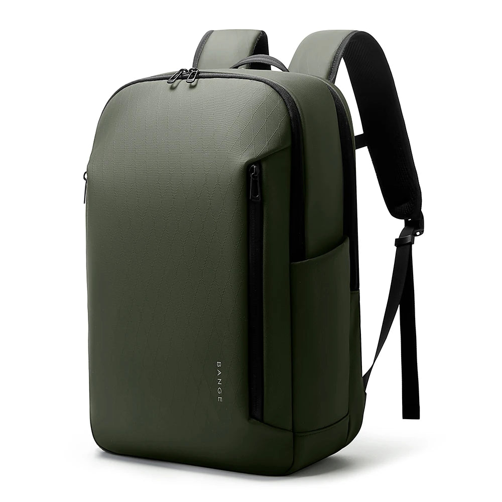 Olive green textured business backpack with top handle, front zip pocket, and shoulder straps