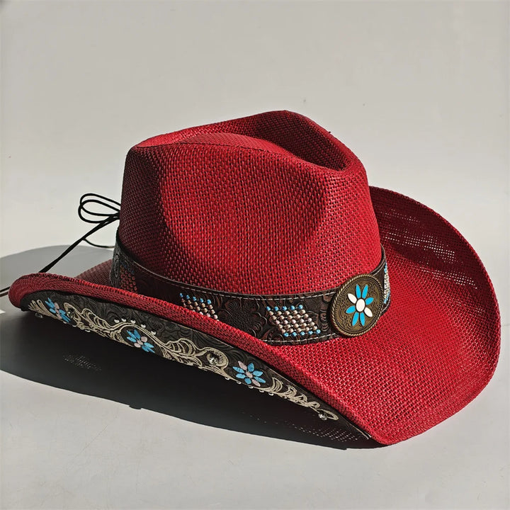 Embroidered straw cowboy sun hat, deep red with dark band, turquoise floral trim, round patch