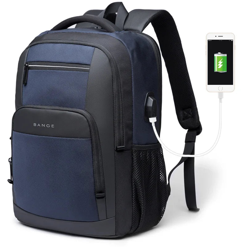 Blue waterproof travel backpack with USB charging cable and front zip pockets